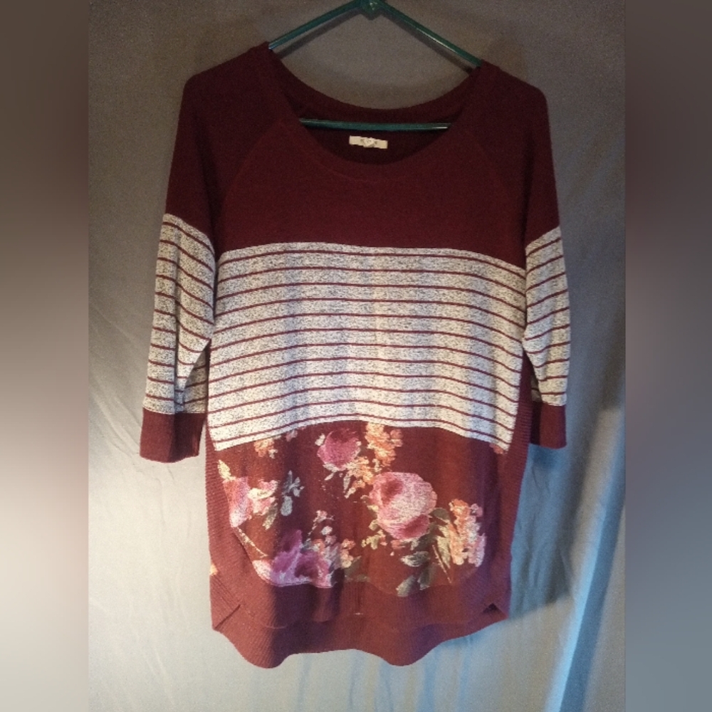 Maurices Burgundy Colorblock Floral Striped Knit Top